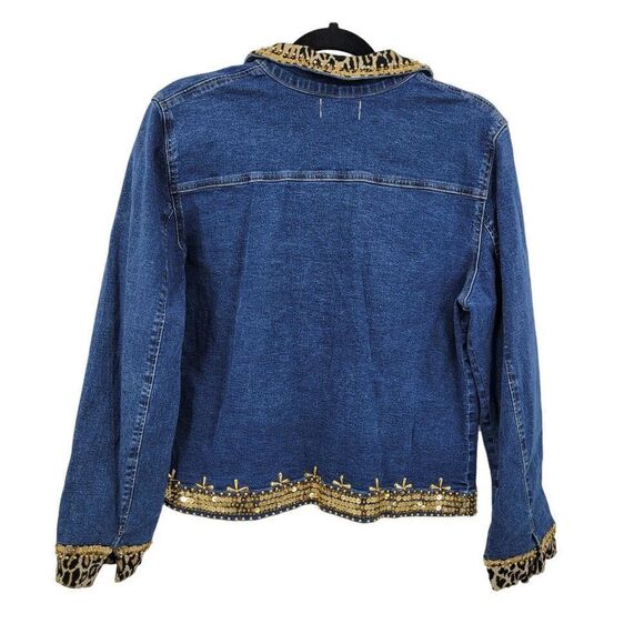 Vintage Mob Wife Denim Trucker Jacket M Leopard Gold Beaded Sequin Dollywood - Picture 2 of 10